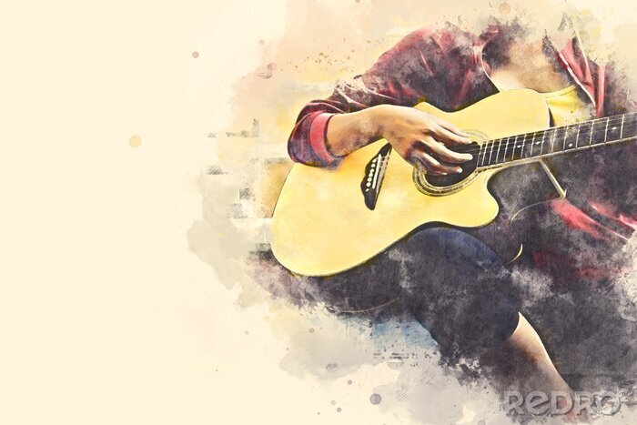 Poster  Gros plan femmes jouant de la guitare acoustique sur rue piétonne sur fond de peinture illustration aquarelle.