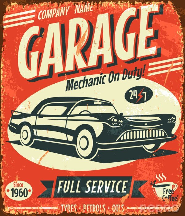 Poster  Grunge rétro signe de voiture de service. Vector illustration.