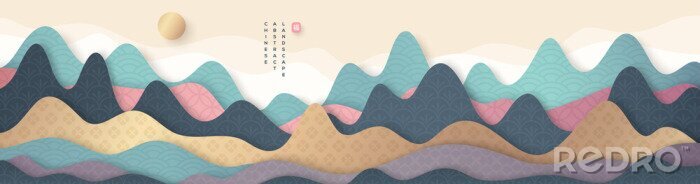Poster  Guilin Mountains abstract landscape in chinese style with asian patterns. Vector illustration. Symbol Fu means blessing and happiness.