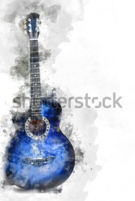 Poster  Guitare bleue aquarelle sur fond artistique