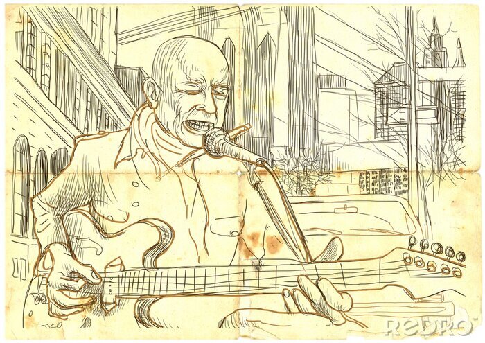 Poster  Guitariste sur le fond du pont de Brooklyn