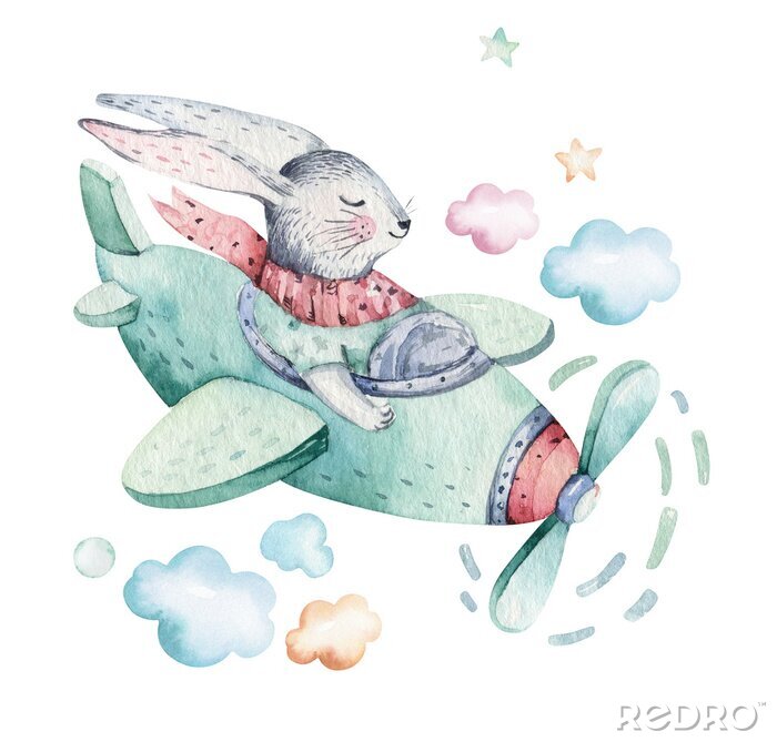 Poster  Hand drawing fly cute easter pilot bunny watercolor cartoon bunnies with airplane in the sky. Turquoise watercolour animal rabbit flying art flight illustration