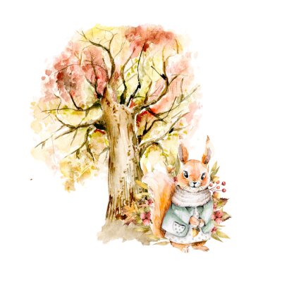 Hand drawing watercolor illustration - squirrel in a dress with floral composition of acorns, leaves, berries, flowers and autumn tree. illustration isolated on white