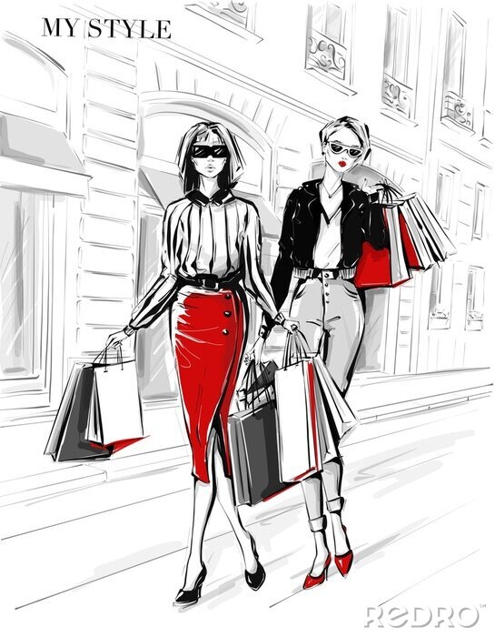Poster  Hand drawn beautiful two young women with shopping bags. Fashion woman in red skirt. Women on street background. Black and white sketch. Fashion illustration.
