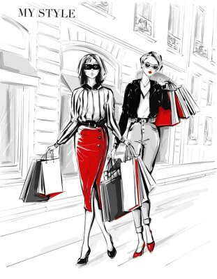 Sticker  Hand drawn beautiful two young women with shopping bags. Fashion woman in red skirt. Women on street background. Black and white sketch. Fashion illustration.