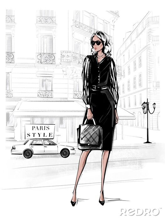 Poster  Hand drawn beautiful young woman in black dress. Fashion woman with bag. Girl in black shoes with Paris street background. Sketch. Fashion illustration.