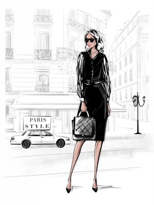 Sticker  Hand drawn beautiful young woman in black dress. Fashion woman with bag. Girl in black shoes with Paris street background. Sketch. Fashion illustration.