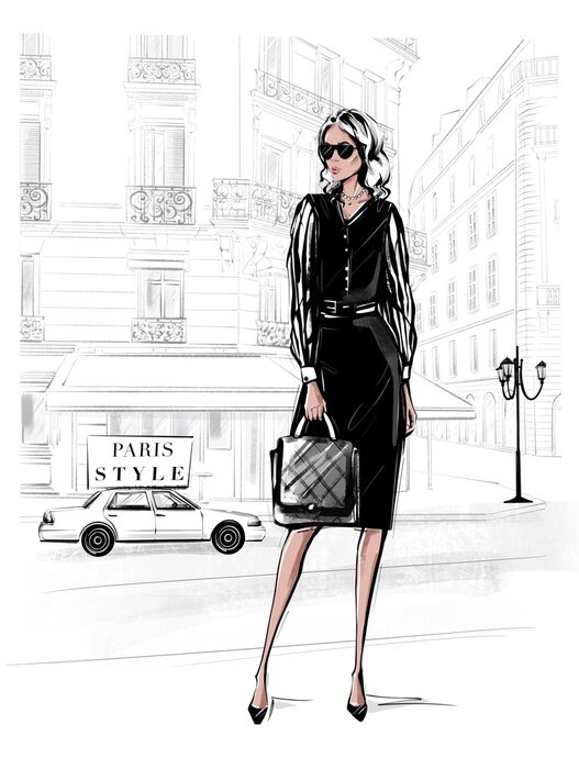 Poster  Hand drawn beautiful young woman in black dress. Fashion woman with bag. Girl in black shoes with Paris street background. Sketch. Fashion illustration.