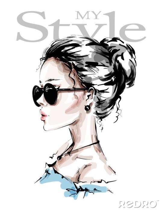 Poster   Hand drawn beautiful young woman in sunglasses. Stylish girl. Fashion woman look. Female profile. Sketch. Vector illustration.