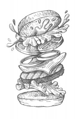 Poster  Hand drawn burger in flight in layers