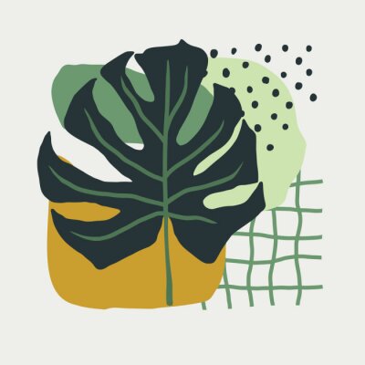 Hand Drawn collage of simple shapes and leaves monstera in Scandinavian style in green colors. vector illustration