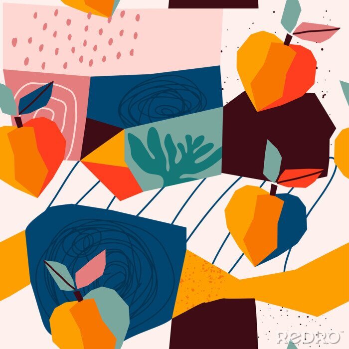 Poster  Hand drawn peaches and various shapes, spots, dots and lines. Different colors. Abstract contemporary seamless pattern. Modern patchwork illustration in vector
