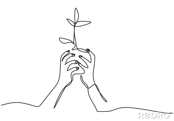 Poster  Hand holding plant's pot. Continuous one line drawing of back to nature theme. Growing plant in hand palm. Concept of growing and love earth hand drawn vector design illustration.