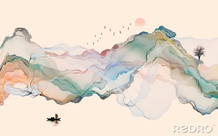 Poster  Hand-painted lines, abstract ink landscape decorations, art poster background