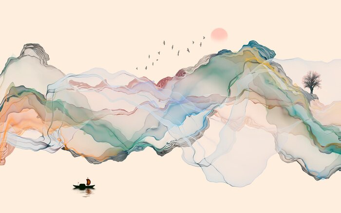 Poster  Hand-painted lines, abstract ink landscape decorations, art poster background