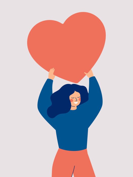 Poster  Happy woman holding a red big heart above her head isolated on white background. Flat vector illustration.