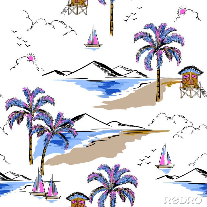 Poster  Hawaiian branché en vecteur de modèle d'île sans soudure de couleur douce. Paysage avec palmiers, plage et océan vecteur style dessiné à la main