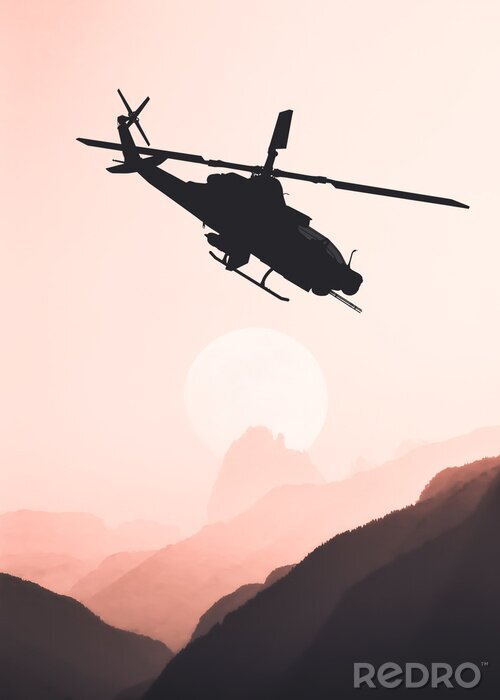 Poster  Hélicoptère en vol avec un ciel rose en arrière-plan