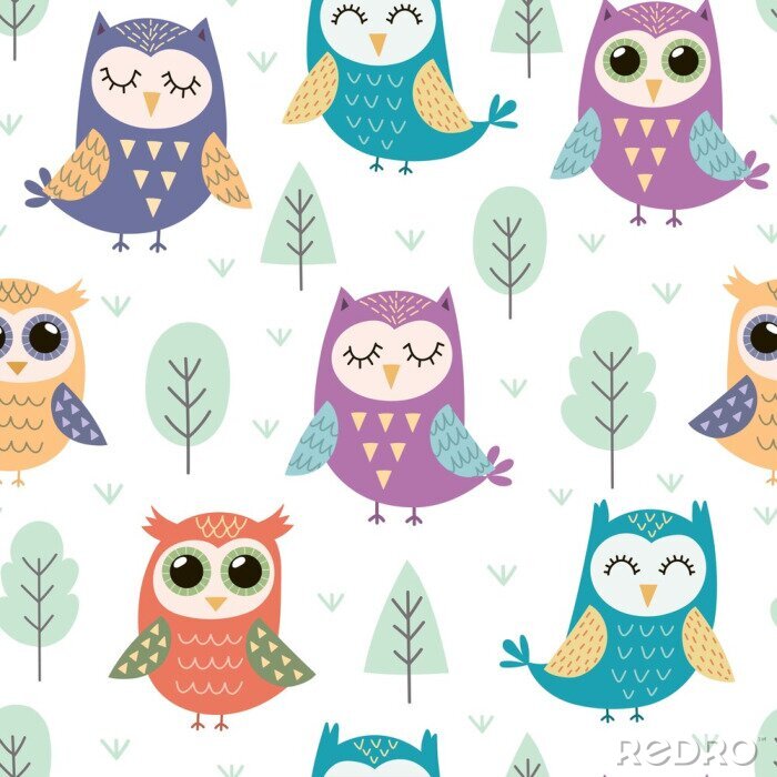 Poster  Hiboux pour enfants avec arbres et plantes