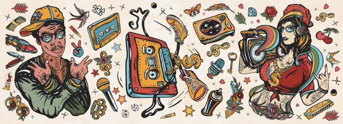 Poster  Hip hop music. Old school tattoo collection. African American man rapper in baseball cap and glasses, Rap girl, swag woman, boom box. Audio cassette, break dance. Tattooing musical street ghetto