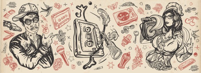 Poster  Hip hop music. Old school tattoo collection. Rap girl, swag woman, boom box. African American man rapper in baseball cap and glasses. Audio cassette, break dance. Tattooing musical street ghetto
