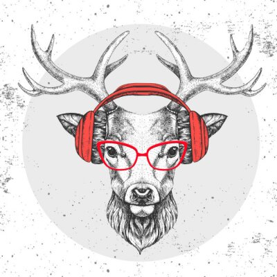 Poster  Hipster animal deer with headphones. Hand drawing Muzzle of animal deer