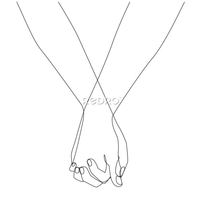 Poster  Holding hands one line drawing on white isolated background. Vector illustration