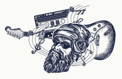 Homme barbu, guitare et cassette audio tatouage et conception de t-shirt. Guitare électro et notes de musique rock, symbole du hard rock, de la musique punk, de l'art du rock and roll