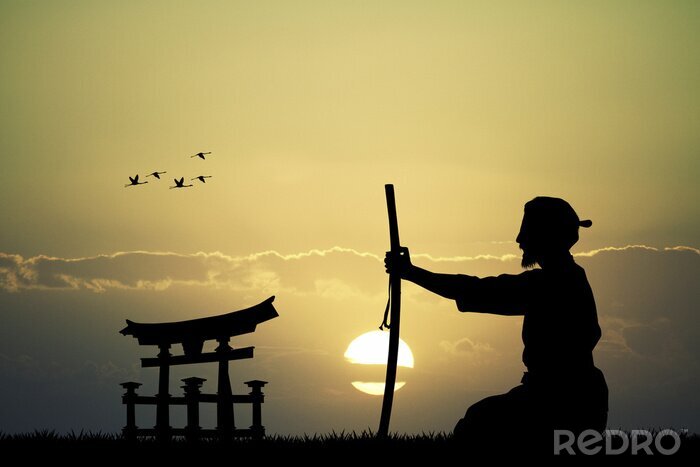 Poster  Homme japonais avec l'épée au coucher du soleil