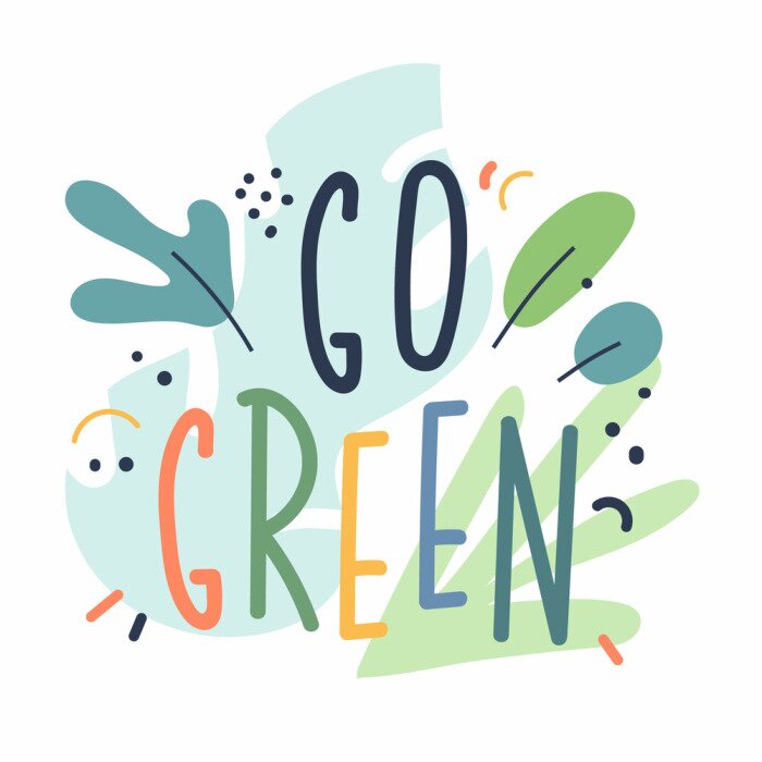 Poster  House plant lettering, go green phrase, illustrated quote. Doodle handwritten phrase with simple scandinavian style illustrations. Vector typography; good for t-shirt print; postcard or poster