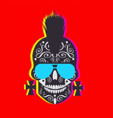 Poster  Icône de crâne moderne, avec lunettes de soleil et Mohawk, design d'ombre duo