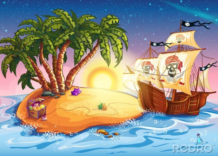 Poster  Île au trésor et bateau pirate pour les enfants