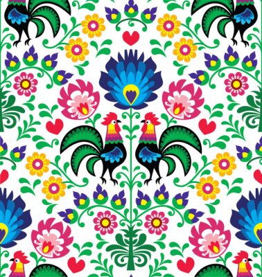 Poster  Illustration avec un ornement de Łowicz représentant des coqs