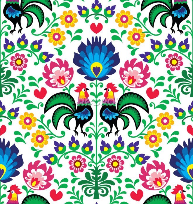 Poster  Illustration avec un ornement de Łowicz représentant des coqs