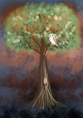 Poster  Illustration d'un arbre avec un hibou en graphisme informatique