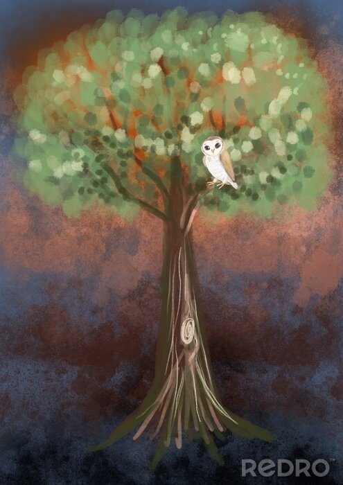 Poster  Illustration d'un arbre avec un hibou en graphisme informatique