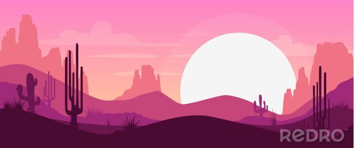 Poster  Illustration d'un coucher de soleil dans le désert