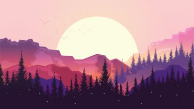 Poster  Illustration d'un coucher de soleil en montagne