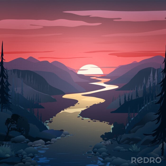 Poster  Illustration d'un coucher de soleil pittoresque