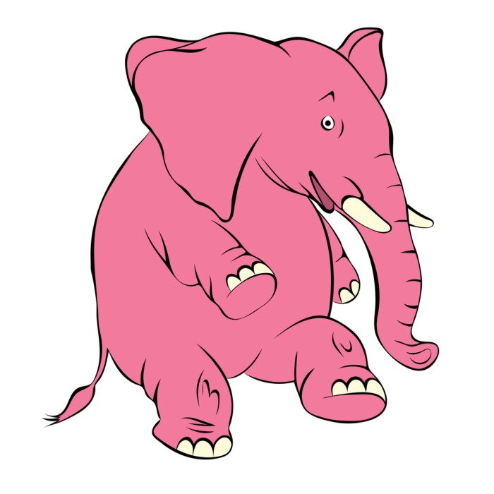 Poster  Illustration d'un éléphant rose gai. Les coûts de l'éléphant sur une patte arrière et des sourires