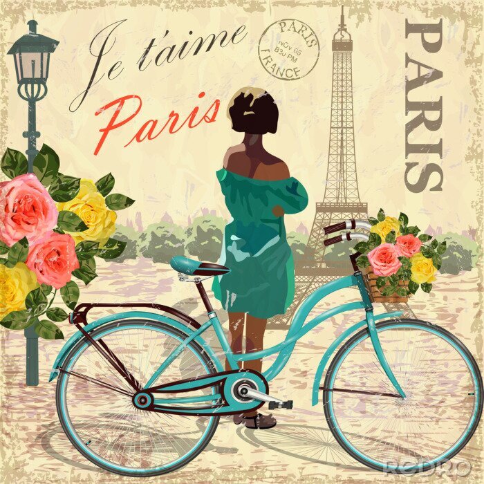 Poster  Illustration d'une femme avec un vélo à Paris
