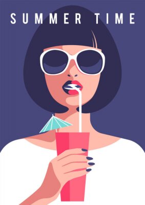 Poster  Illustration d'une femme rétro avec un verre