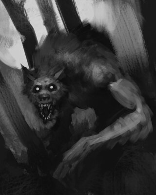 Poster  Illustration de fantaisie noir et blanc de loup-garou