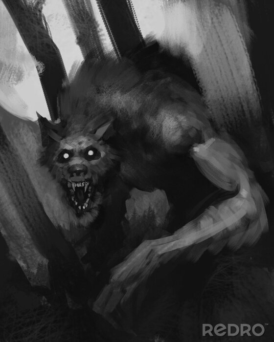 Poster  Illustration de fantaisie noir et blanc de loup-garou