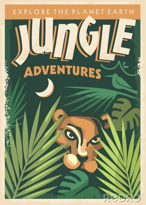 Poster  Illustration de jungle végétale avec un lion