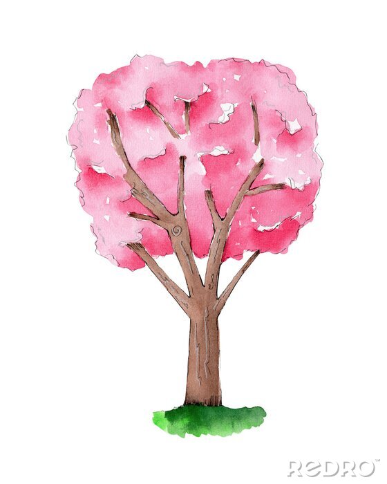 Poster  Illustration délicate d'un arbre aux feuilles roses
