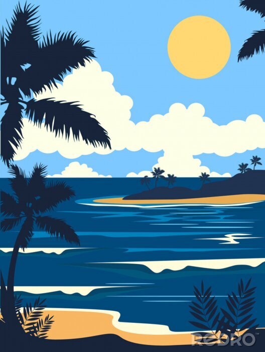 Poster  Illustration minimaliste d'un palmier au bord de la mer