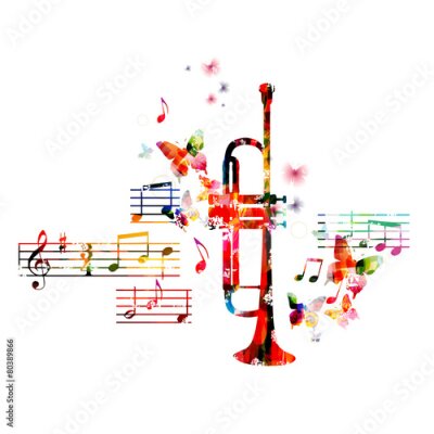 Poster  Illustration musicale avec trompette et papillons