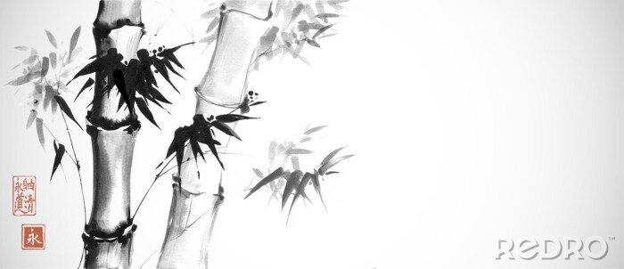 Poster  Illustration orientale en bambou noir et blanc