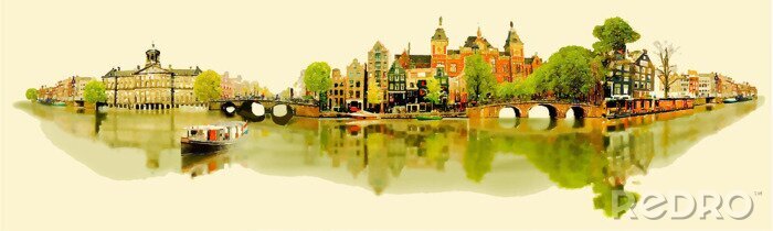 Poster  Illustration panoramique AMSTERDAM vue ..